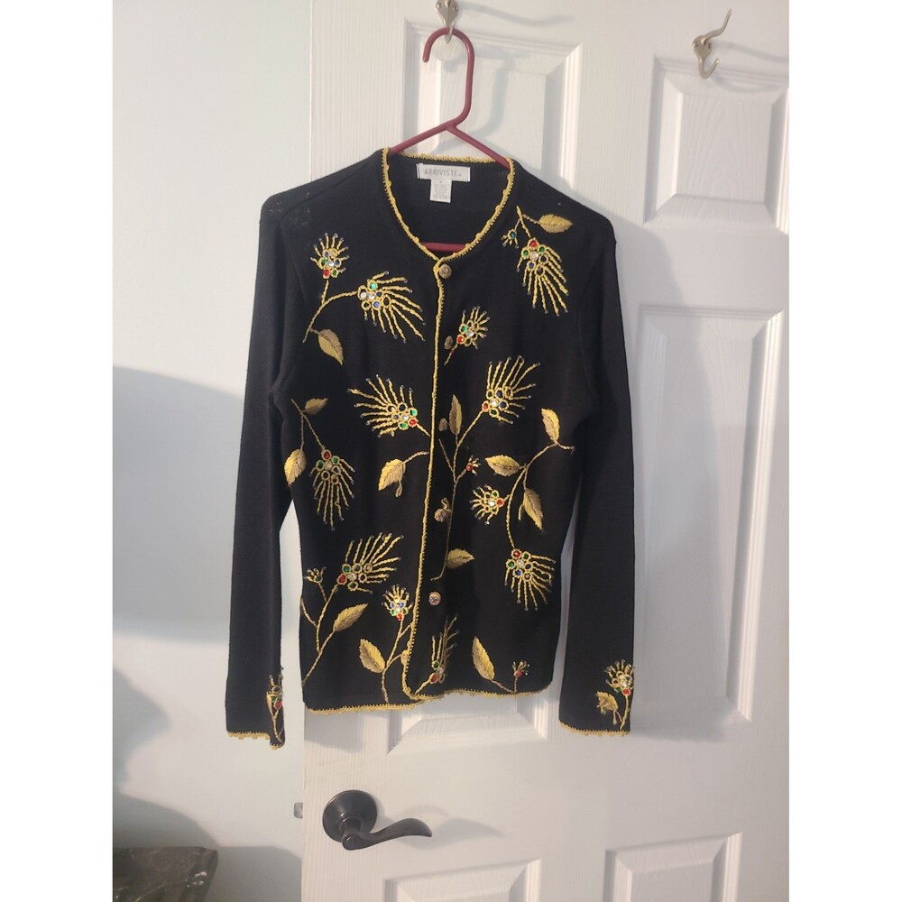 Vintage Arriviste Black Embroidered Embellished Button Christmas Sweater - sz S